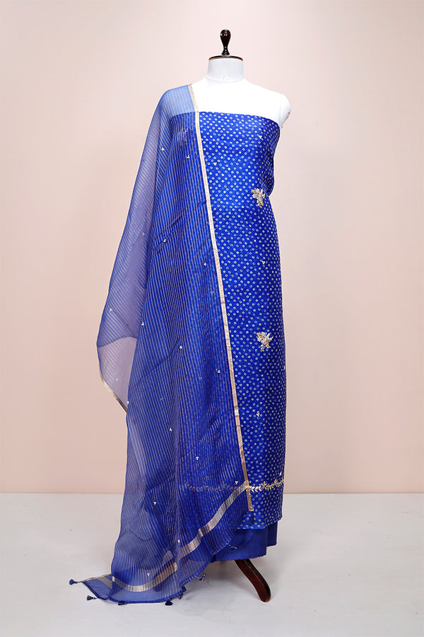 Lapis Blue Embellished Organza Silk Dress Material