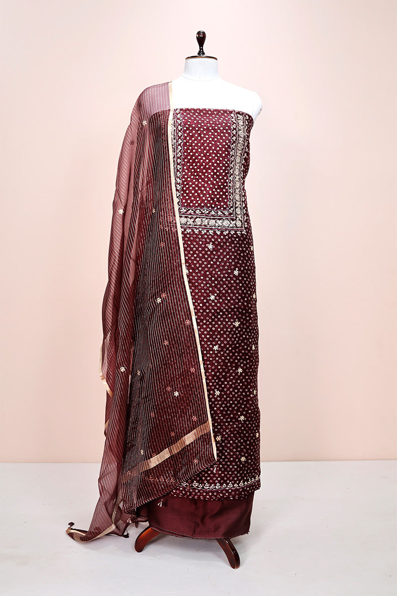 Syrup Brown Bandhani Printed Embellished Organza Silk Dress Material By Chinaya Banaras