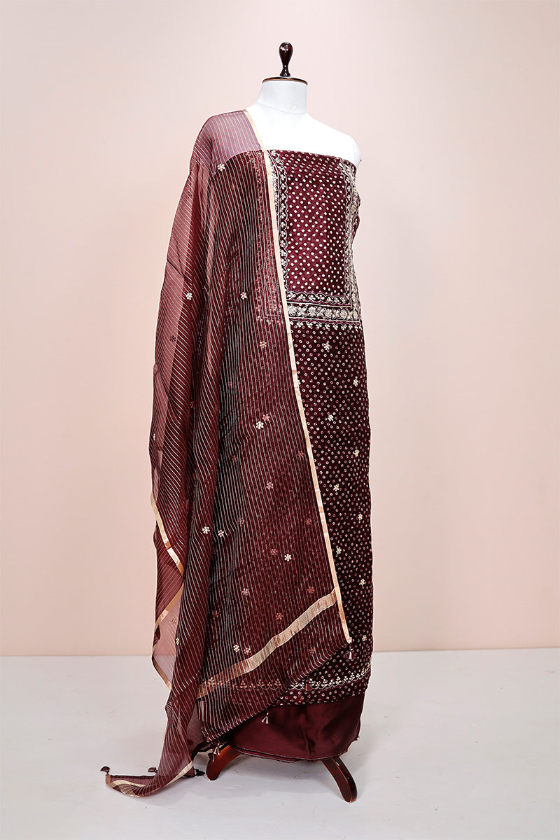 Syrup Brown Embellished Organza Silk Dress Material - Chinaya Banaras