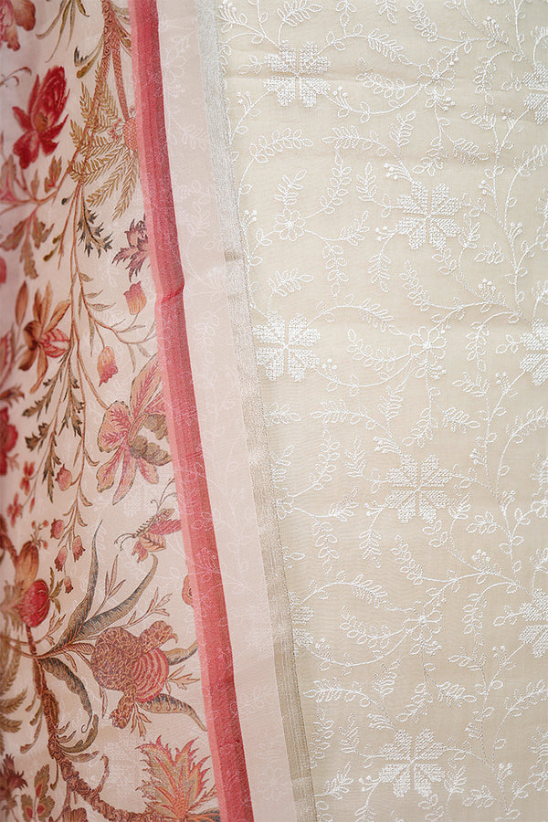 Rust Pink & White  Embroidered Organza Silk Dress Material