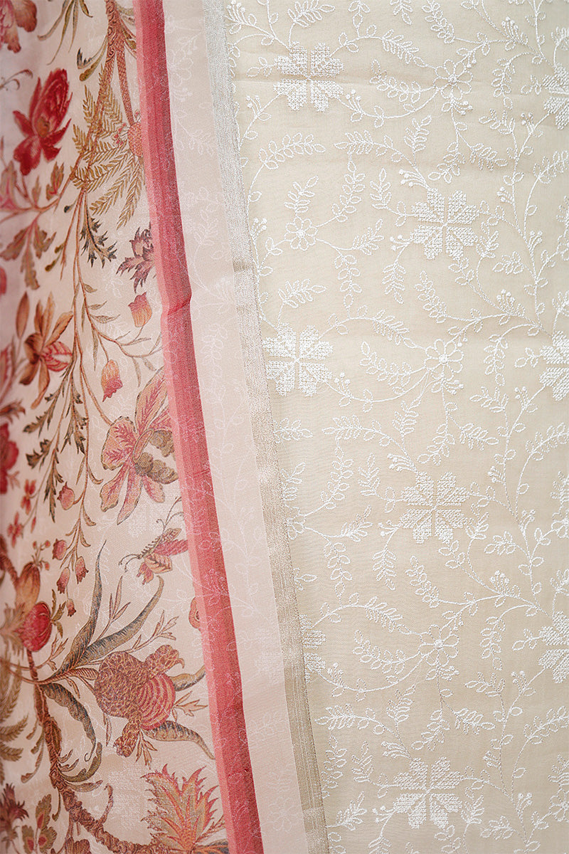 Rust Pink & White  Embroidered Organza Silk Dress Material