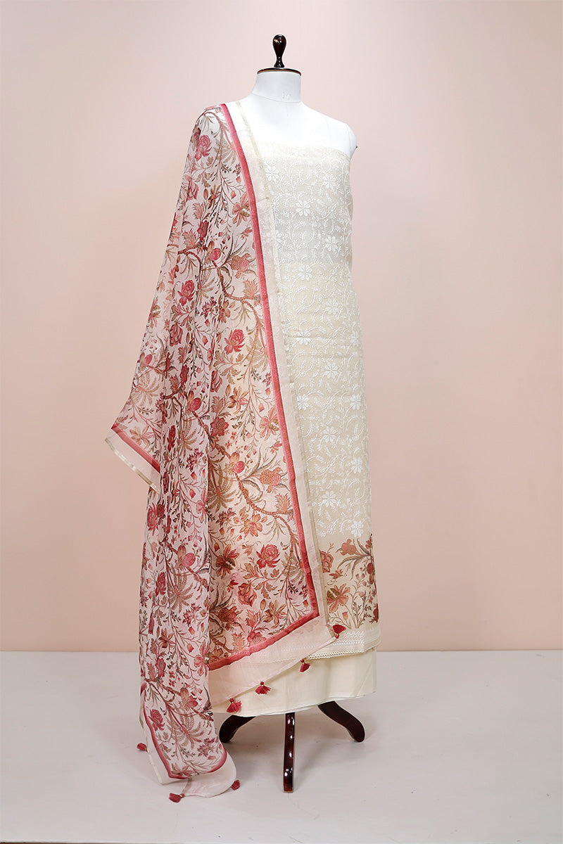 Rust Pink & White  Embroidered Organza Silk Dress Material