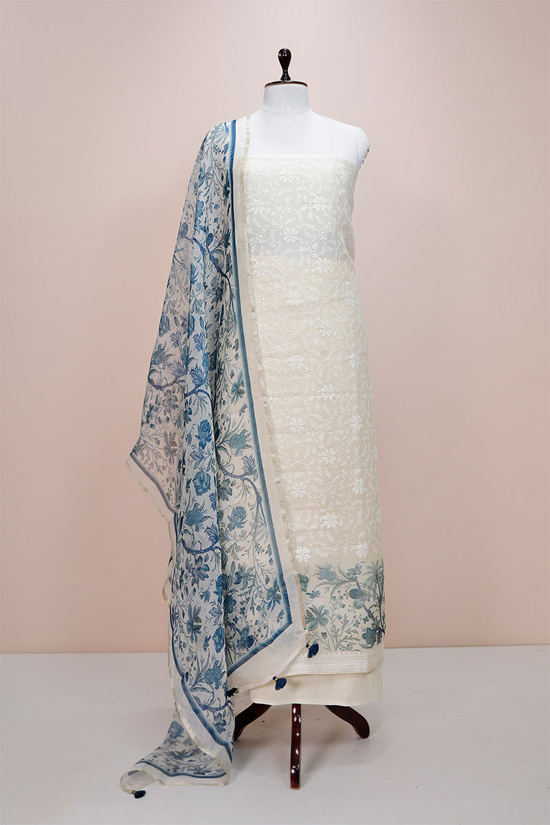 Indigo Blue & White Embroidered Organza Silk Dress Material  By Chinaya Banaras
