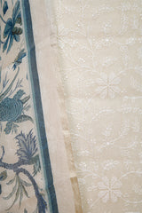 Indigo Blue & White Embroidered Organza Silk Dress Material - Chinaya Banaras