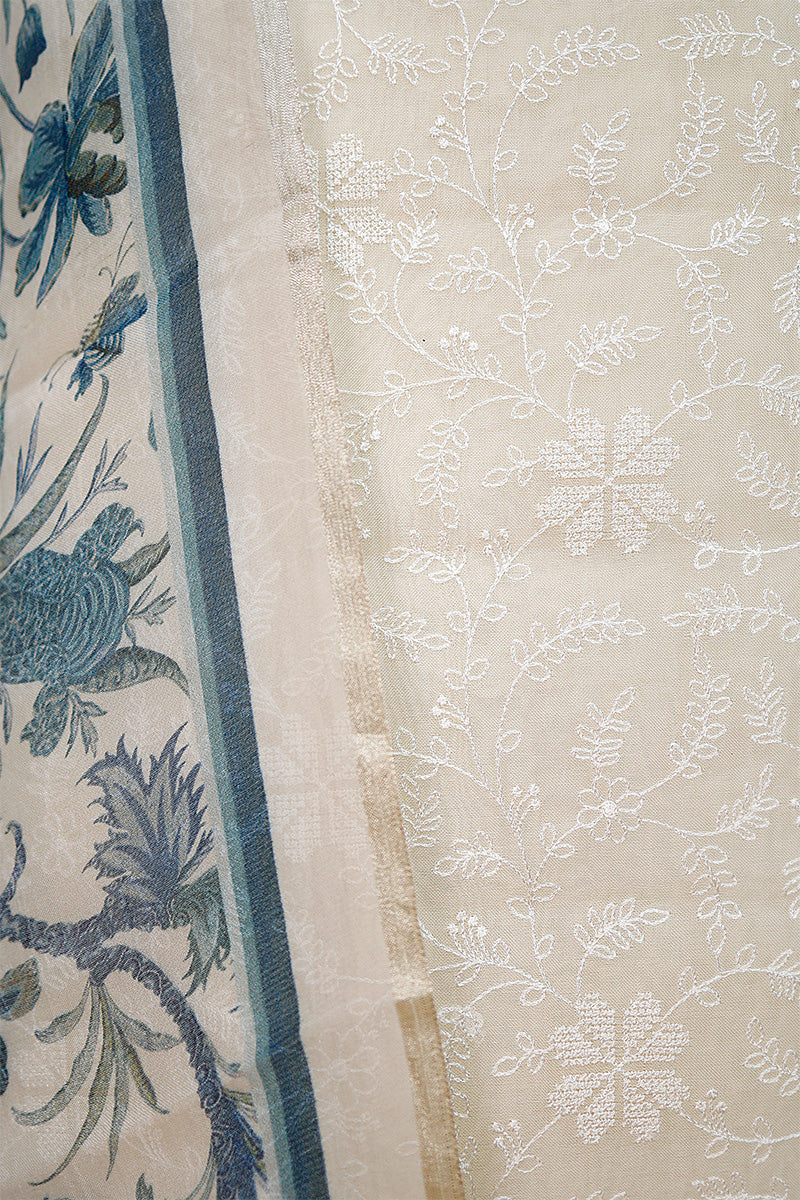 Indigo Blue & White Embroidered Organza Silk Dress Material