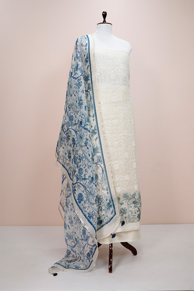 Indigo Blue & White Embroidered Organza Silk Dress Material - Chinaya Banaras