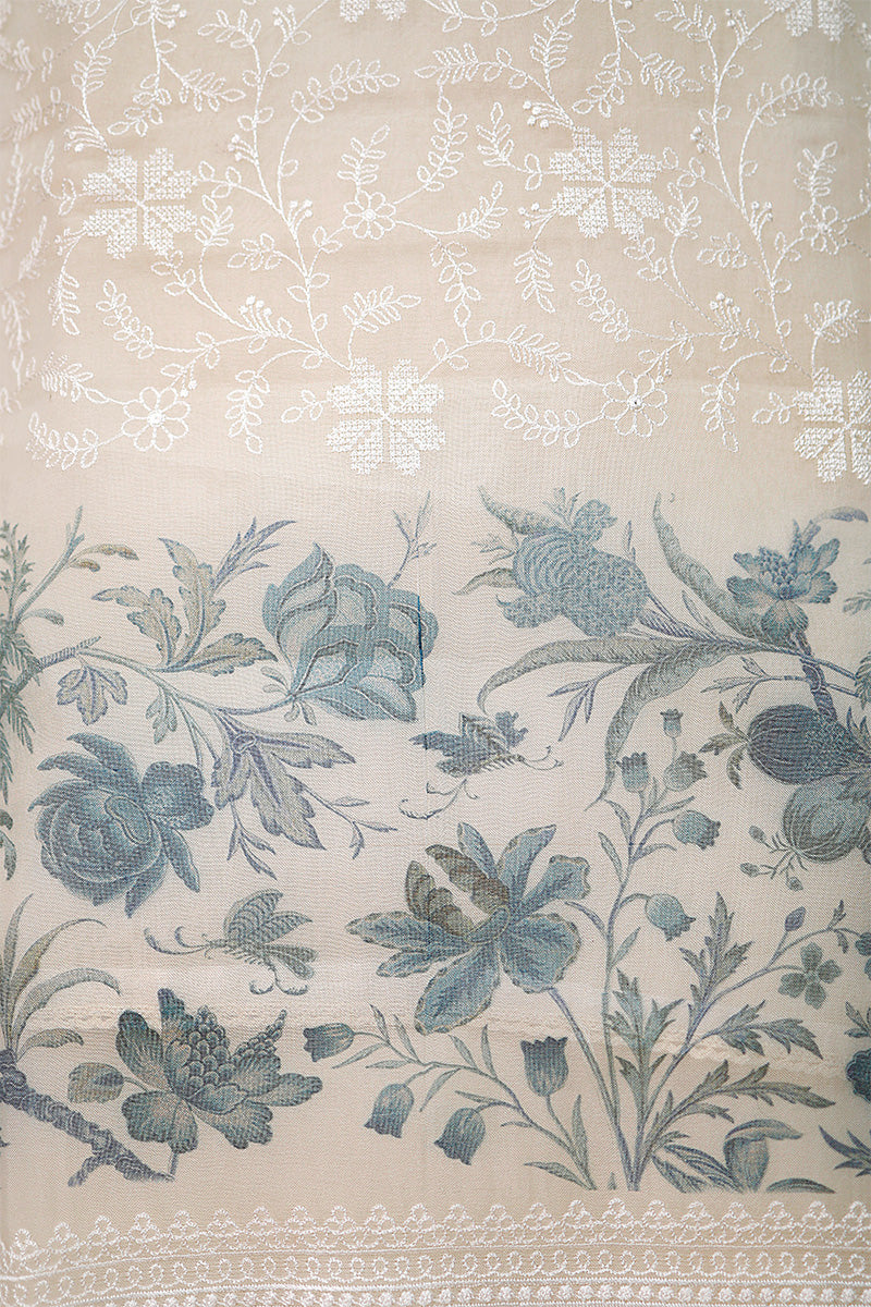 Indigo Blue & White Embroidered Organza Silk Dress Material