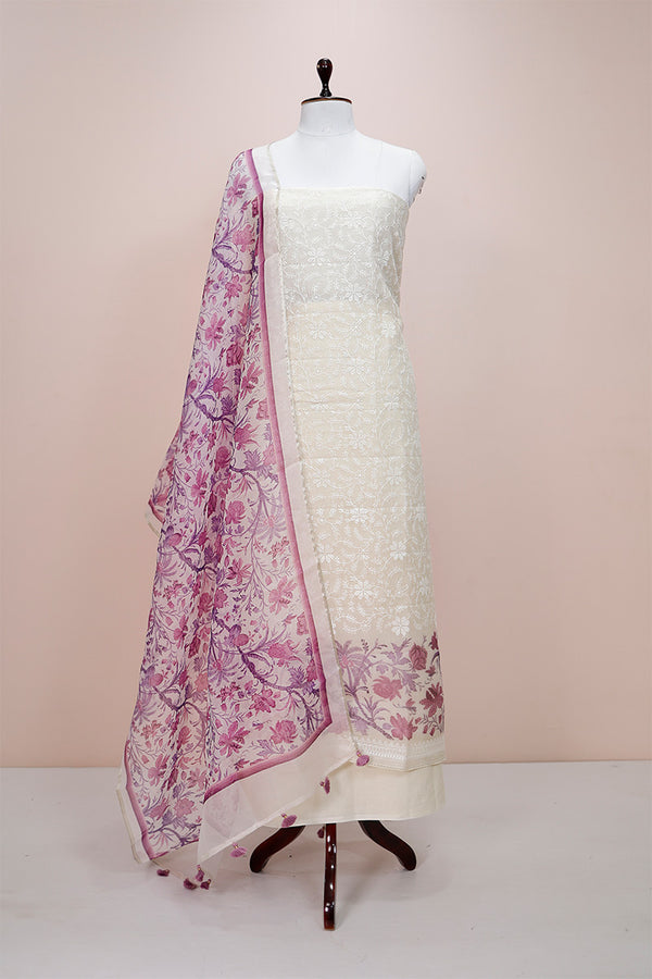 Warm Purple & White Embroidered Organza Silk Dress Material