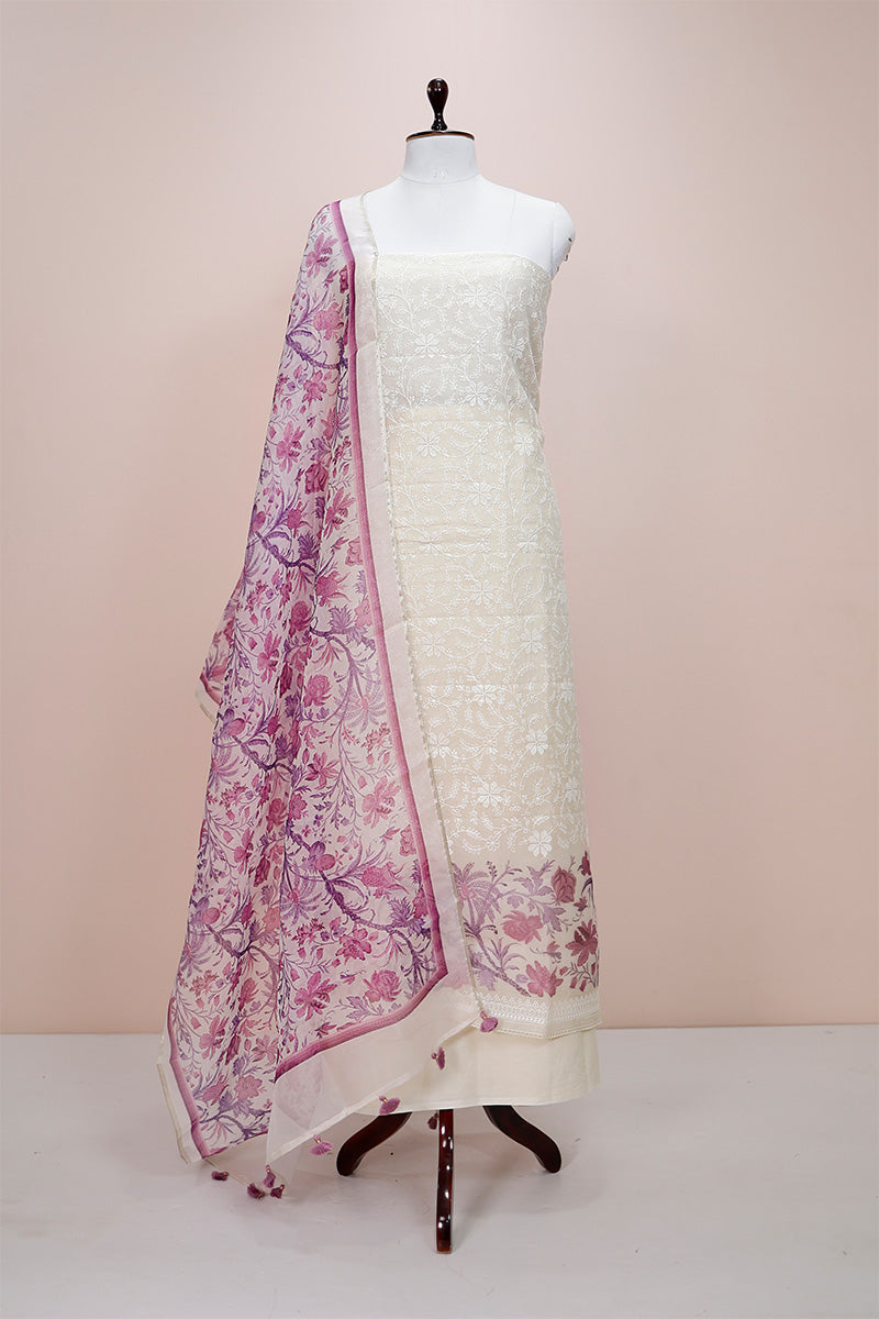 Warm Purple & White Embroidered Organza Silk Dress Material - Chinaya Banaras