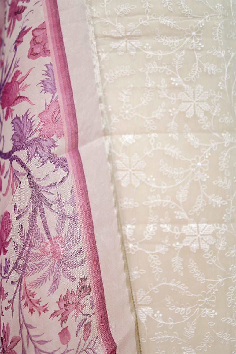 Warm Purple & White Embroidered Organza Silk Dress Material
