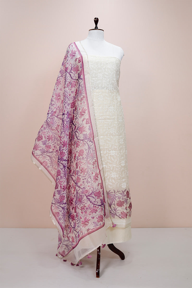 Warm Purple & White Embroidered Organza Silk Dress Material