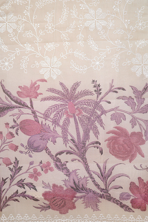 Warm Purple & White Embroidered Organza Silk Dress Material