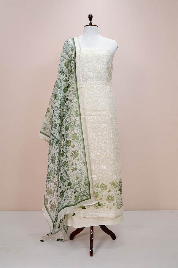 Avocado Green & White Embroidered Organza Silk Dress By Chinaya Banaras 