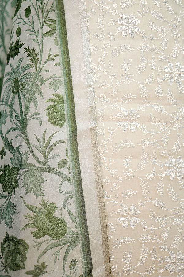 Avocado Green & White Embroidered Organza Silk Dress Material - Chinaya Banaras