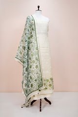 Avocado Green & White Embroidered Organza Silk Dress Material - Chinaya Banaras