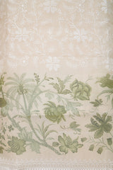 Avocado Green & White Embroidered Organza Silk Dress Material