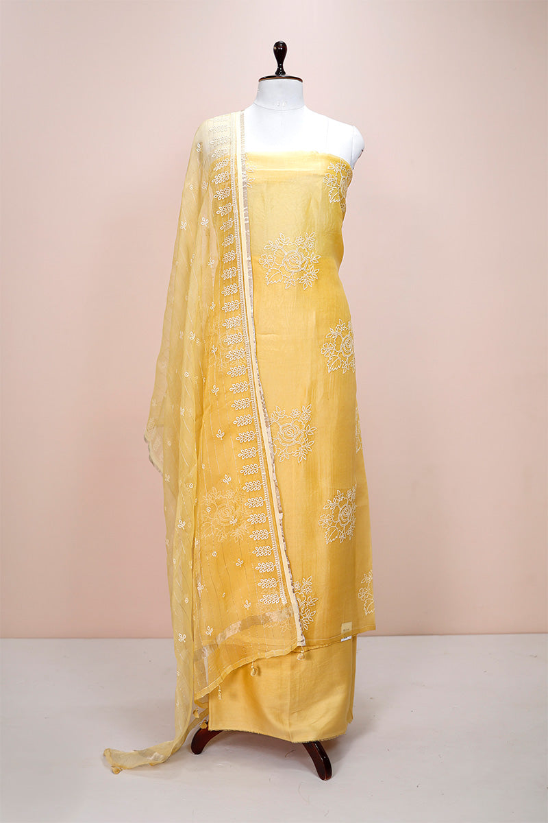 Canary Yellow Embellished Organza Silk Dress Material  By Chinaya Banaras