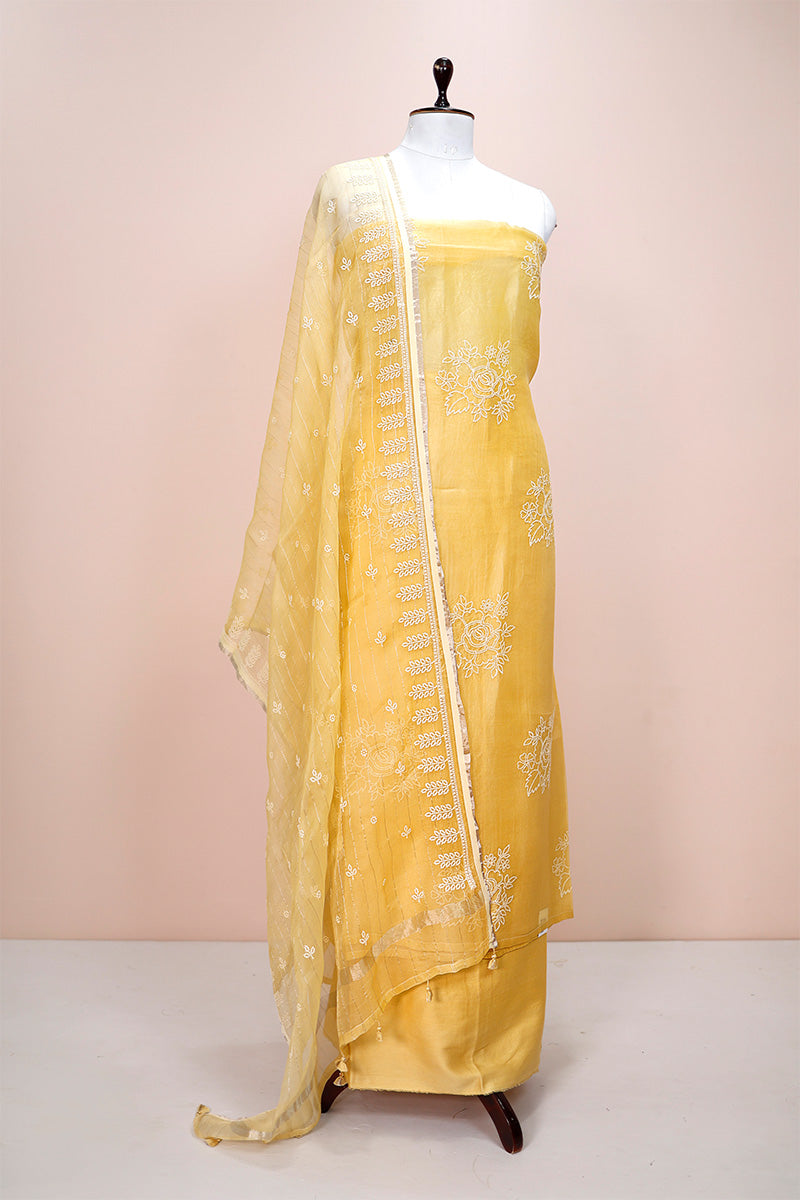 Canary Yellow Embroidered Organza Silk Dress Material