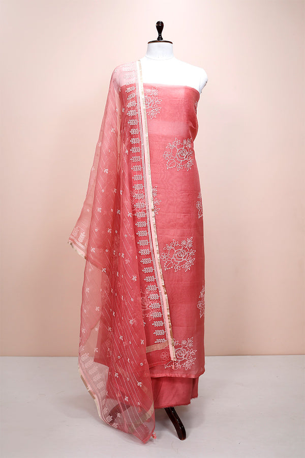 Watermelon Pink Embellished Organza Silk Dress Material By Chinaya Banaras