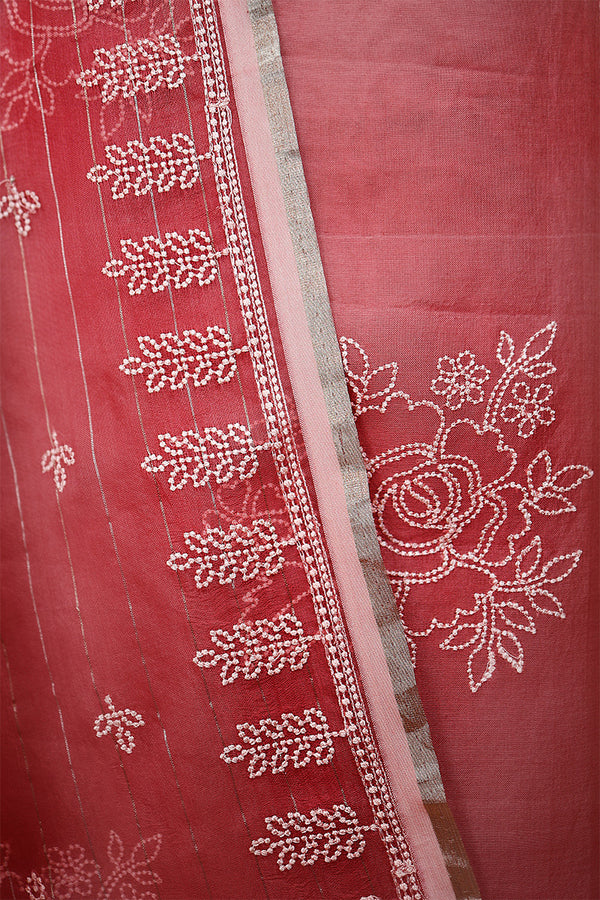 Watermelon Pink Embroidered Organza Silk Dress Material