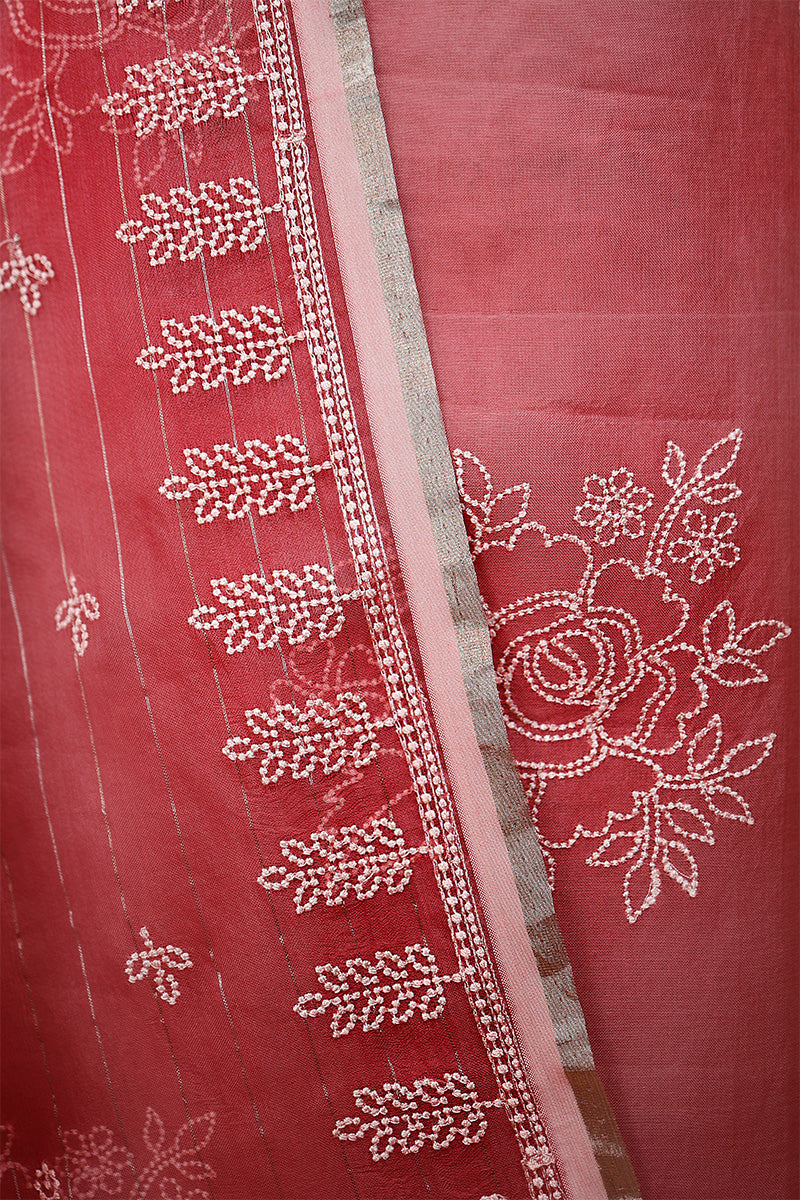 Watermelon Pink Embroidered Organza Silk Dress Material