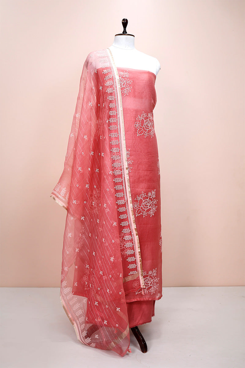 Watermelon Pink Embroidered Organza Silk Dress Material