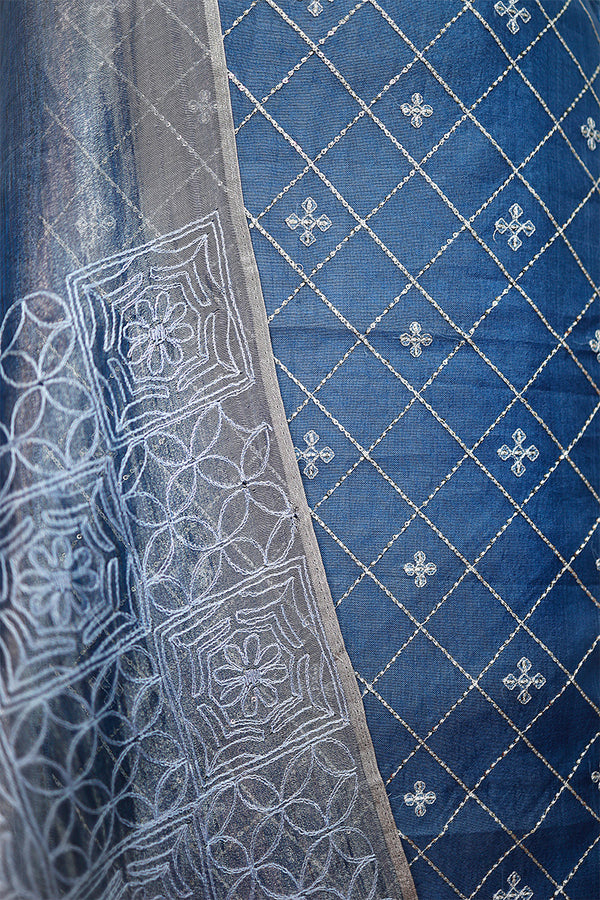 Azure Blue Embellished Organza Silk Dress Material - Chinaya Banaras