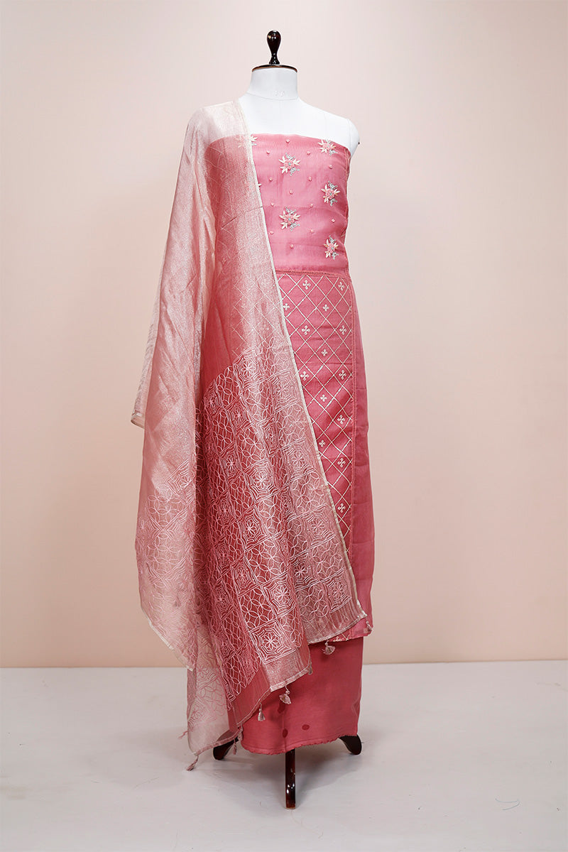 Rouge Pink Embellished Organza Silk Dress Material Rouge Pink Embellished Organza Silk Dress Material
