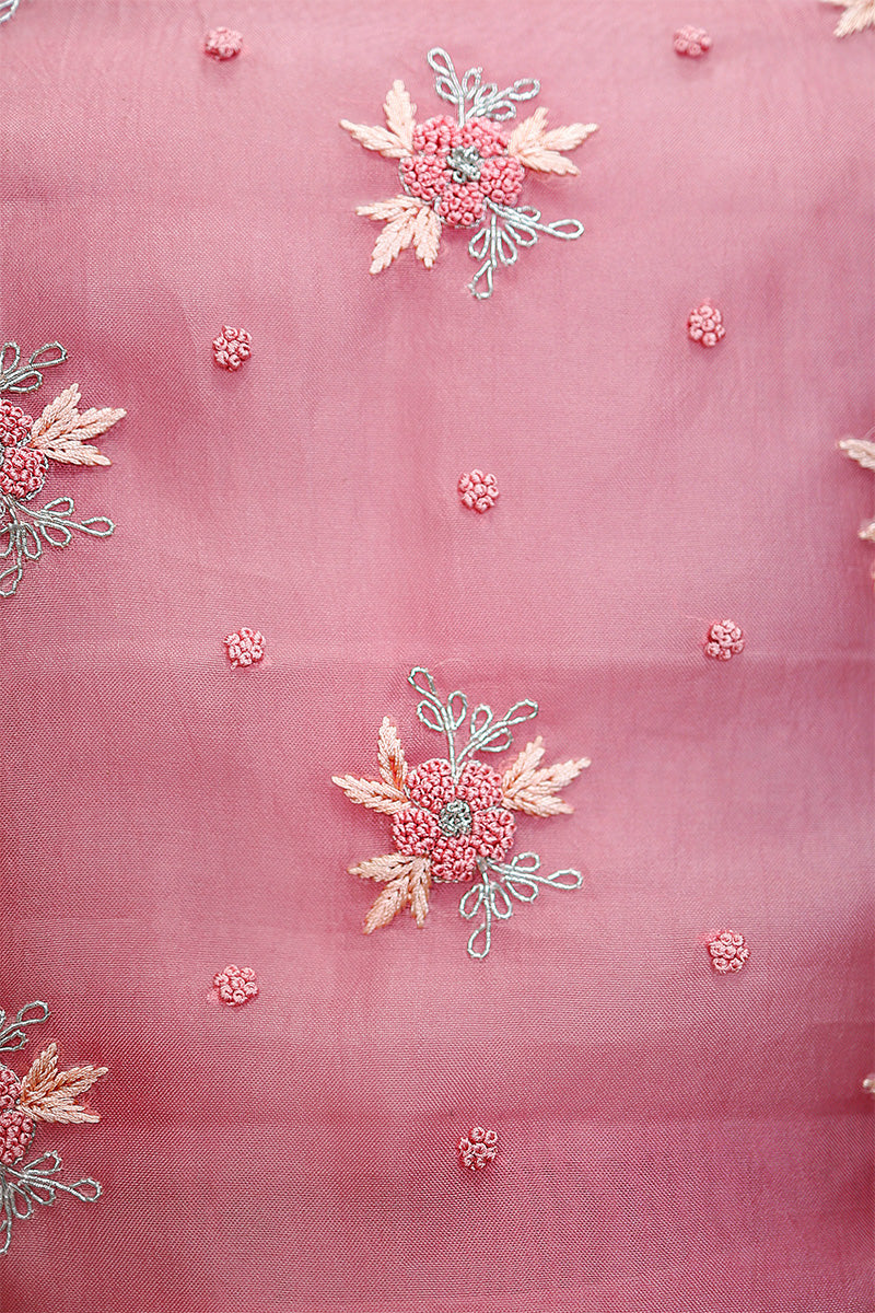 Rouge Pink Embellished Organza Silk Dress Material
