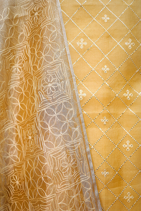 Lemon Yellow Embellished Organza Silk Dress Material
