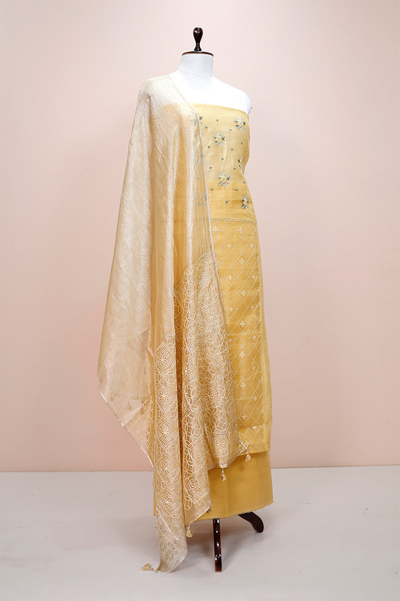 Tvis and Bliss. Lemon Yellow and Pink Tie and Dye Bandhani Silk Cotton Dress  Material