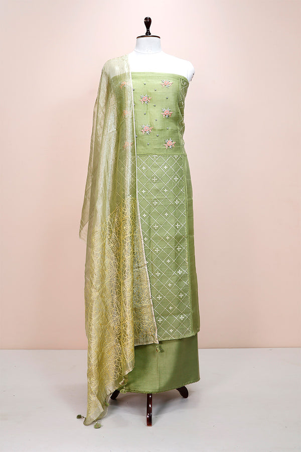 Pear Green Embellished Organza Silk Dress Material