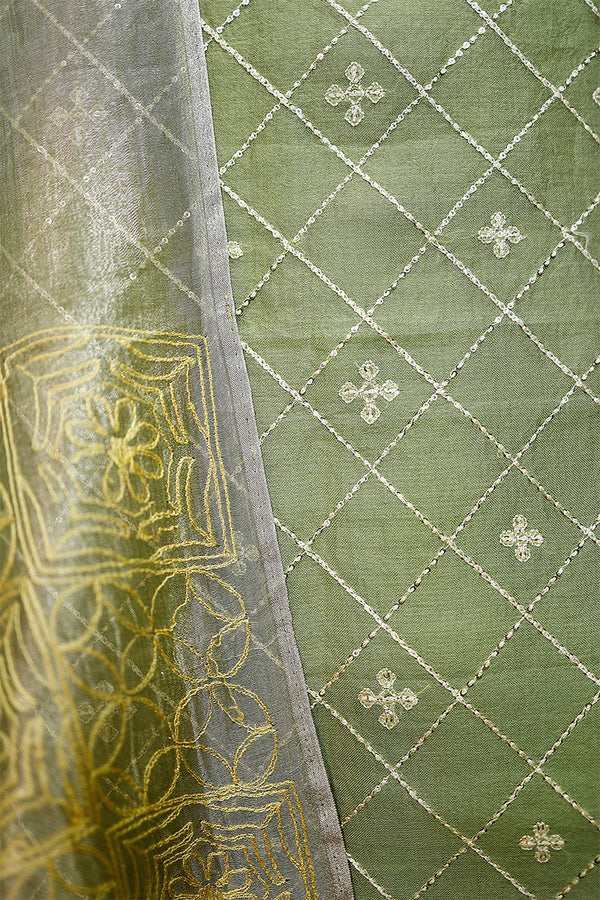 Pear Green Embellished Organza Silk Dress Material - Chinaya Banaras