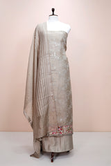 Glittery Grey Embellished Organza Silk Dress material - Chinaya Banaras