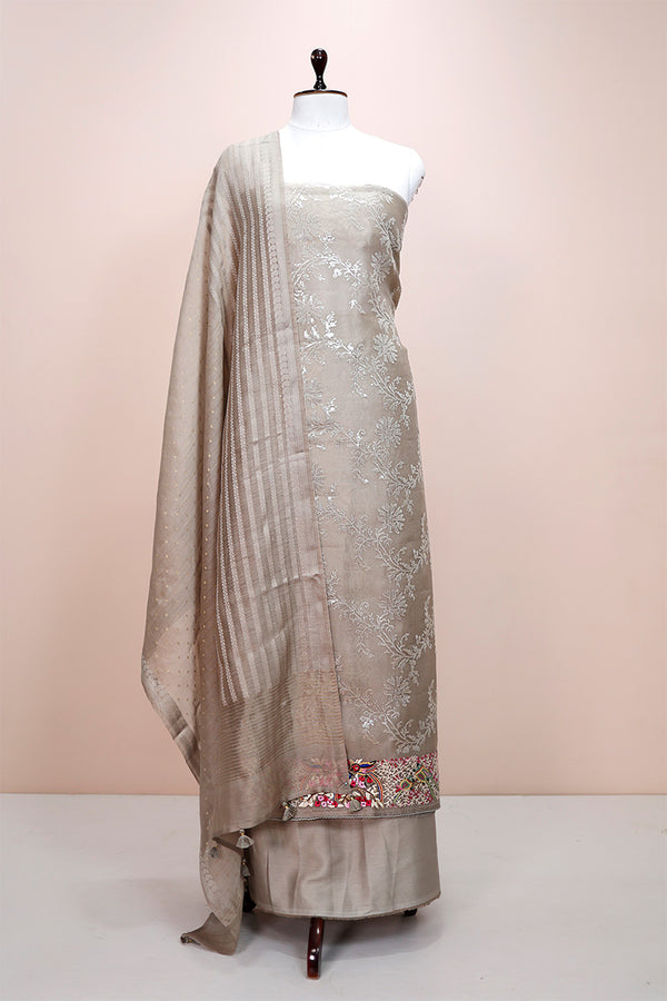 Glittery Grey Embellished Organza Silk Dress material