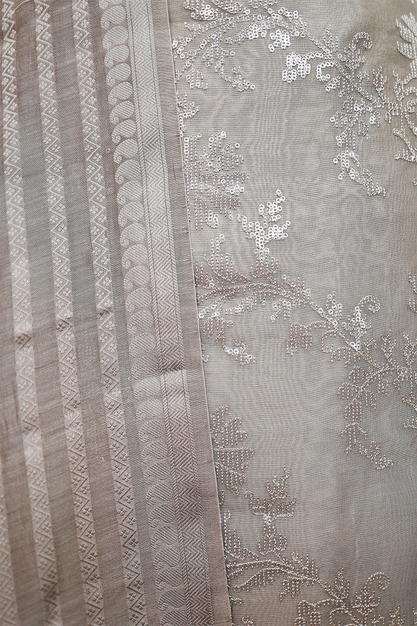 Glittery Grey Embellished Organza Silk Dress material - Chinaya Banaras