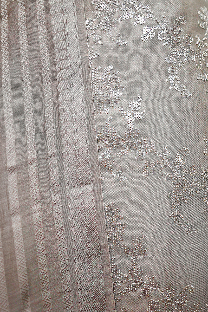 Glittery Grey Embellished Organza Silk Dress material