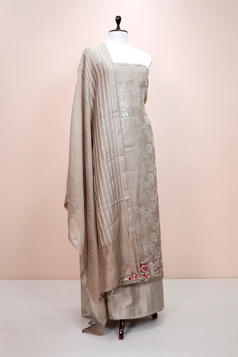 Glittery Grey Embellished Organza Silk Dress material