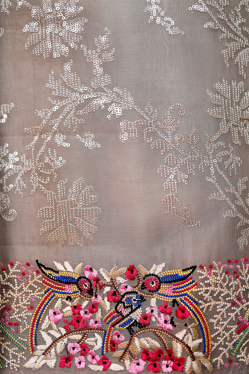 Glittery Grey Embellished Organza Silk Dress material