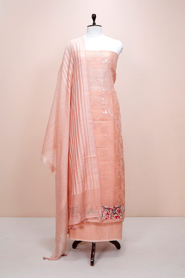 Peach Embellished Organza Silk Dress Material By Chinaya Banaras