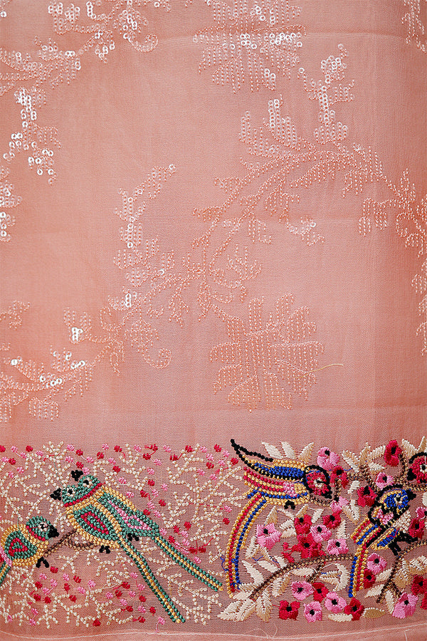 Glam Peach Embellished Organza Silk Dress Material