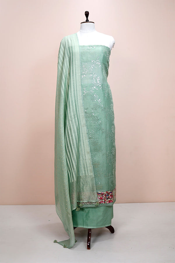 Sea Foam Green Embellished Organza Silk Dress Material