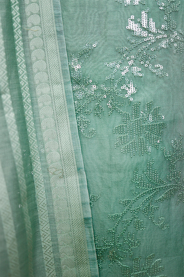 Sea Foam Green Embellished Organza Silk Dress Material