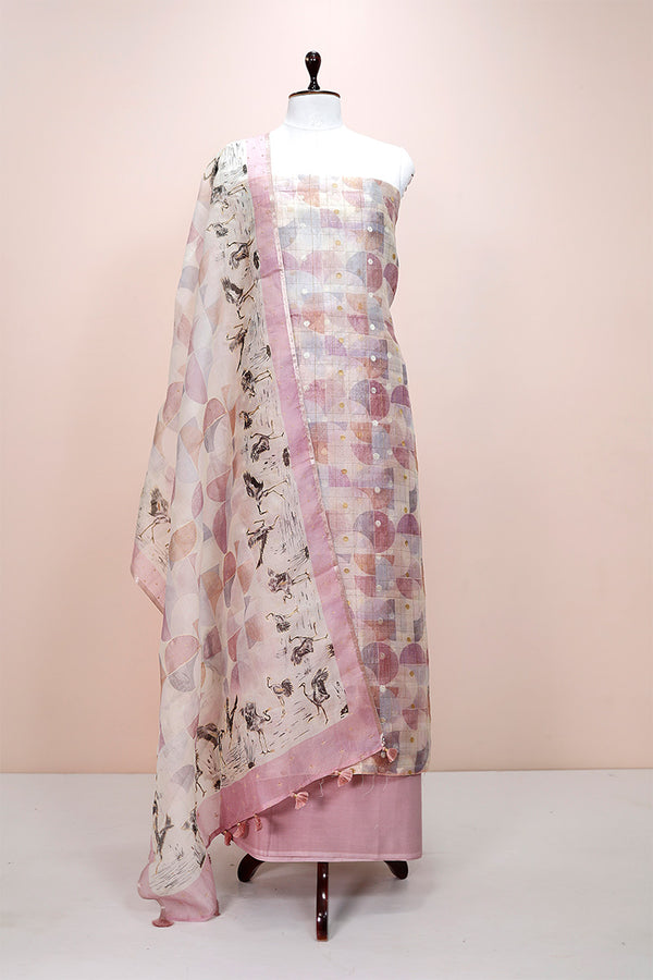Cherry Blossom Pink Geometrical Printed Organza Silk Dress Material