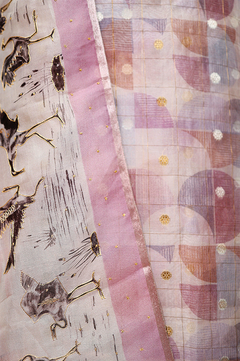 Cherry Blossom Pink Geometrical Printed Organza Silk Dress Material