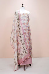 Cherry Blossom Pink Geometrical Printed Organza Silk Dress Material - Chinaya Banaras