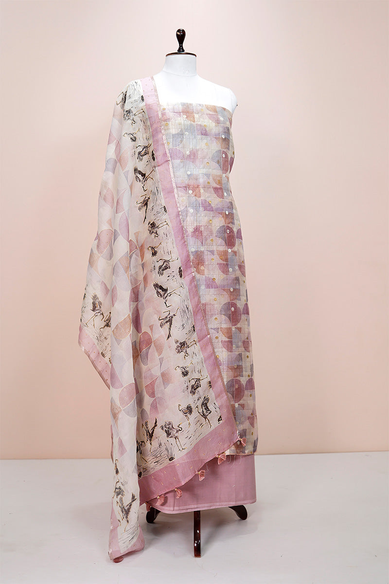 Cherry Blossom Pink Geometrical Printed Organza Silk Dress Material - Chinaya Banaras