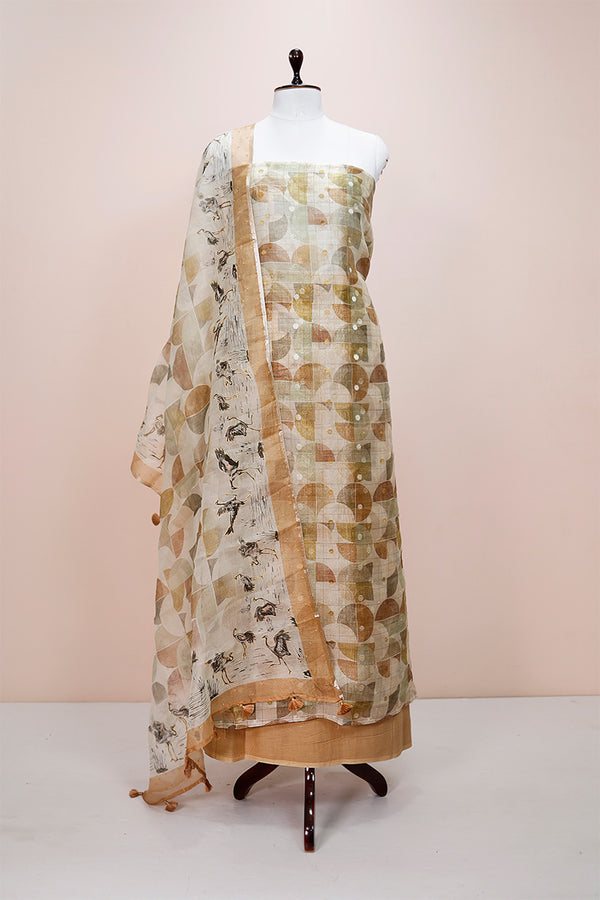 Sandalwood Geometrical Printed Organza Silk Dress Material