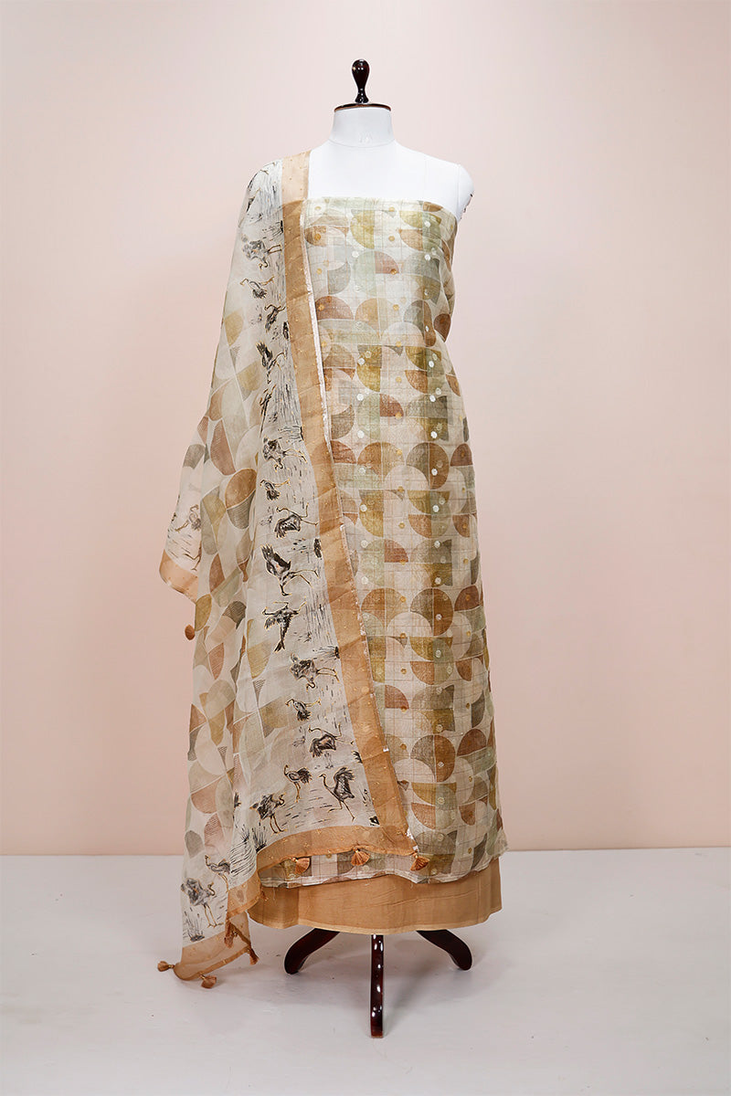 Sandalwood Geometrical Printed Organza Silk Dress Material - Chinaya Banaras