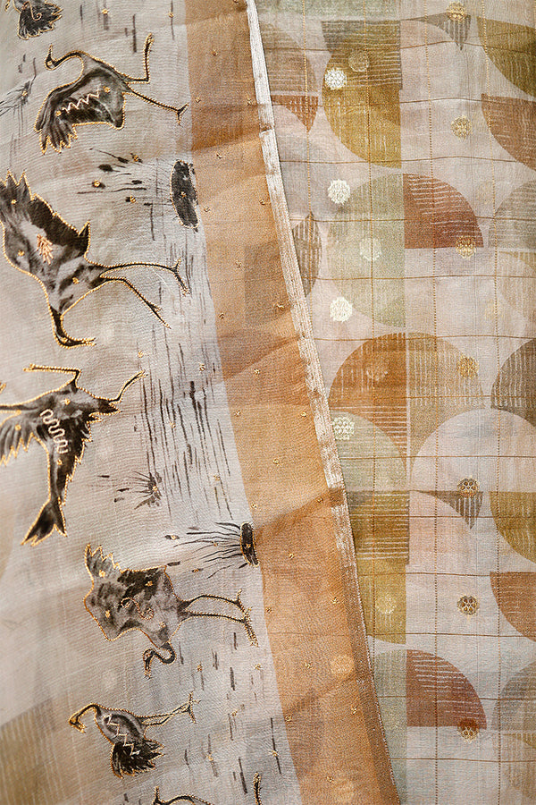 Sandalwood Geometrical Printed Organza Silk Dress Material